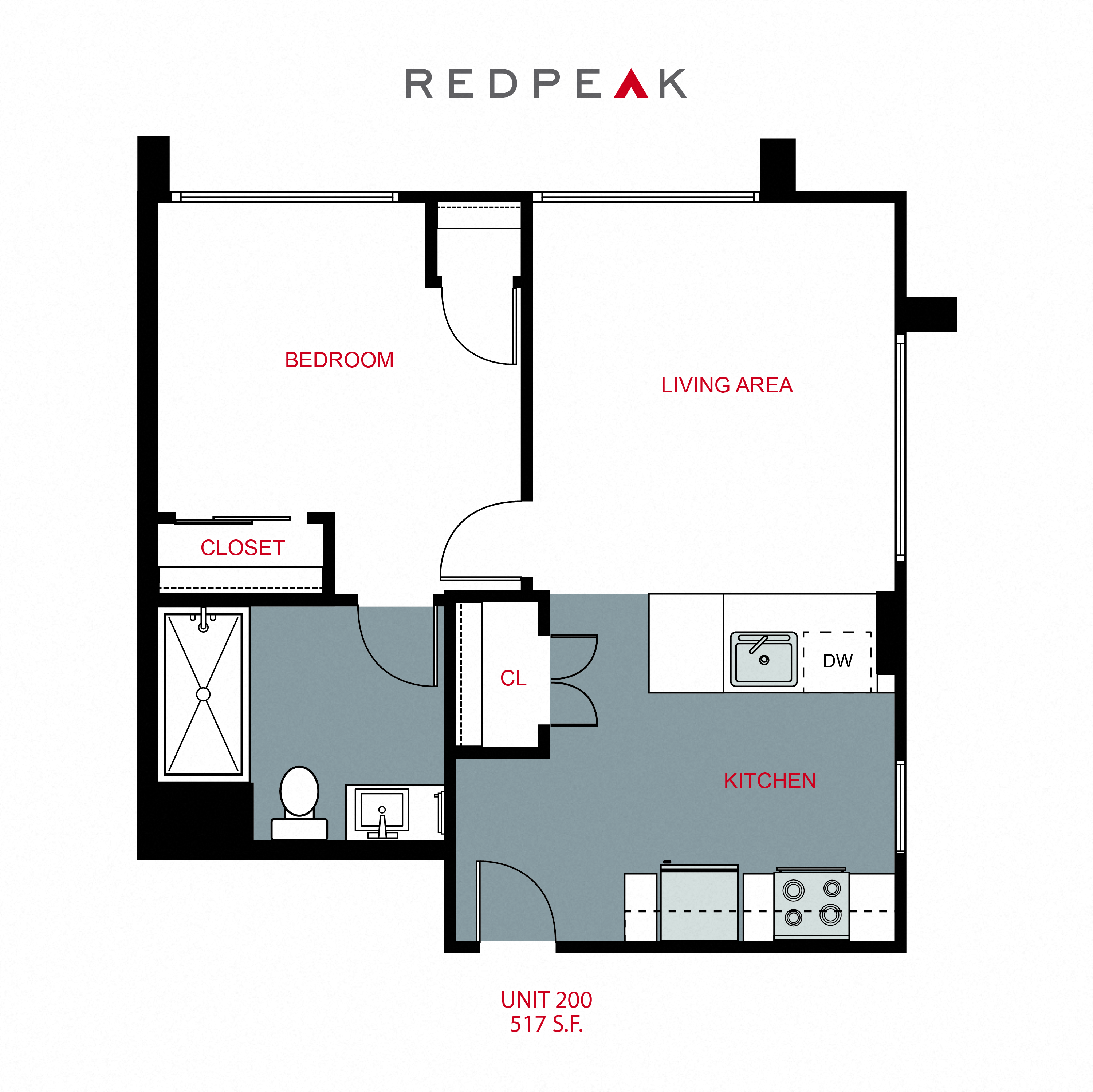 Floor plan for 1 bed, 1 bath, 541 sqft